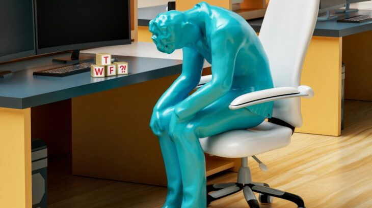 a statue of a person sitting on a chair in front of a desk